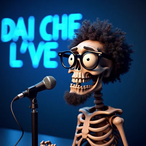 Chubby and disconsolate skeleton with black-framed glasses, with thick hair of curly hair and a beard, Who is waiting sadly in front of a YouTuber-style microphone and in the background an Atalanta flag with the neon inscription Blue DAI CHE L'VE and the c...