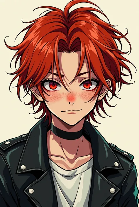 Manga-style portrait of a young boy, redhead,  with long, pompous hair , Ojos rojos, pale skin,  freckles long eyelashes and heart-shaped lips. Slightly haired  "disheveled "  and a punk style 