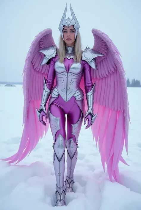 there is a woman in a purple outfit with wings on a snowy surface, sharp silver armor fuchsia skin, fuchsia skin below the armor, fuchsia skin beneath the armor, fuchsia skin, slick pink armor, fuschia skin, sliver ice color reflected armor, smooth fuschia...