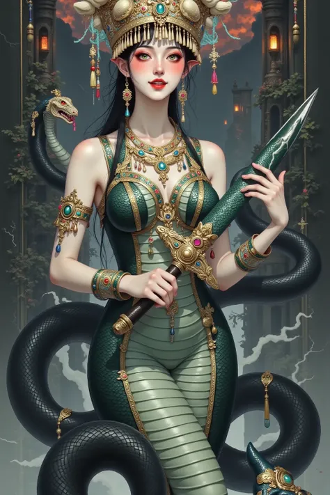 Scary Cleopatra，skull crown， snakeskin dress ，black python wrap， red eyes。 wield a long sword。Suspended buildings，lightning