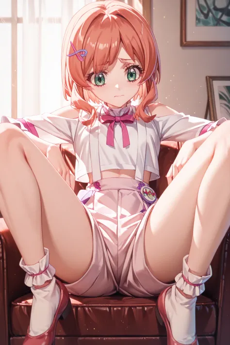  source_anime、 Wandafuru Purikua、Inukai Iroha、masterpiece,  best quality,  1 girl in the best,  fixed restraint ,  Legs spread wide ,  in a circle, Through the wall、 body_Spread your legs wide、 sad expression