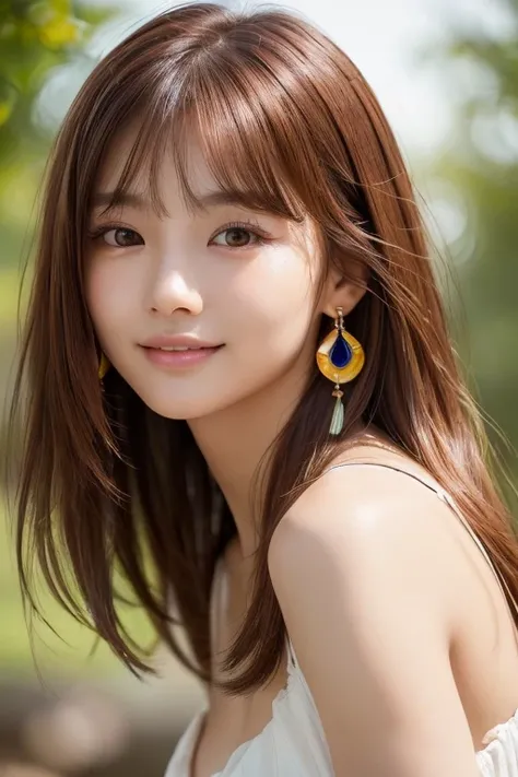 1 girl, Very bright backlight, alone, {Beautiful and exquisite}, Autumn Morning, Large Breasts, Calm expression, Natural and soft light, Delicate facial features, Blunt bangs, Beautiful Korean Girl, smile in the eyes, Very small earrings, 20 years old, ((M...