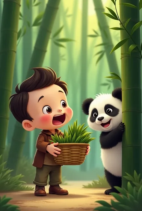 Timmy and Ping's First Meeting
- Image prompt: A  (Timmy) standing in front of a bamboo forest, looking excited and holding a basket of bamboo shoots, with a baby panda (Ping) peeking out from behind a bamboo stalk.