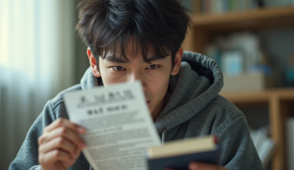 A mash-haired Japanese man wearing a gray hoodie is crying after failing the university entrance exam with a reference book in one hand, was excited,  Yan Photo, Inside the house holding the failure notice , With a natural look, With a bright expression, T...