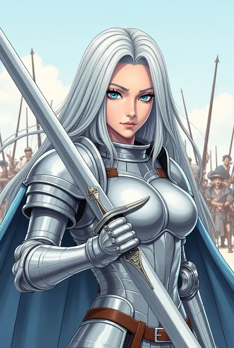 Celes Metalias from Dawn of the Silver Dragon's manga, manga style drawing, light blue eyes, wearing silver armor, very mature face, holding a broadsword with one hand, ponting the sword to the viewer, eyes facing camera, smirking, mocking camera with bitt...