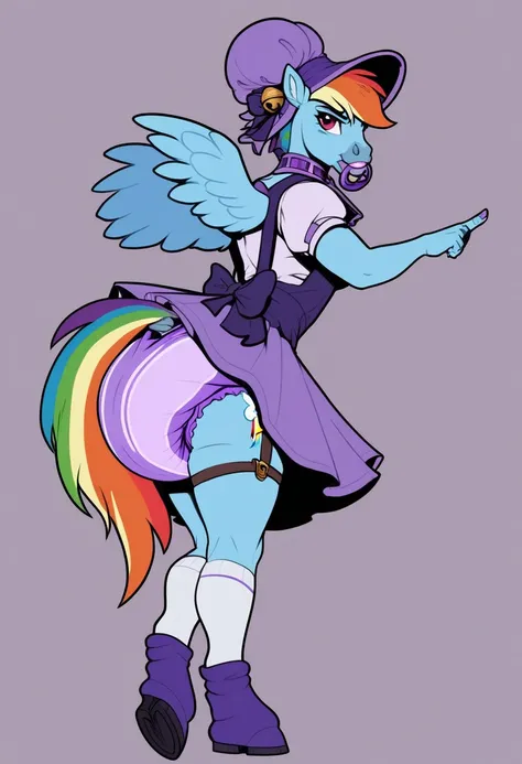  pegasque pony alone ,  adult anthropomorphic mare, Rainbow Dash, the mane is collected in a purple bonnet ,  purple eyes ,  stands on four hooves overlooking the ass ,  wide open back hooves , walks down the streets of the city, putting himself on display...