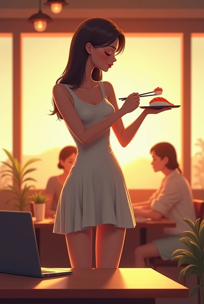 I want an animated image of a woman in a restaurant standing on top of a table in a normal dress with one hand down holding a laptop and then another one coming up with some chopsticks holding a salmon sushi.