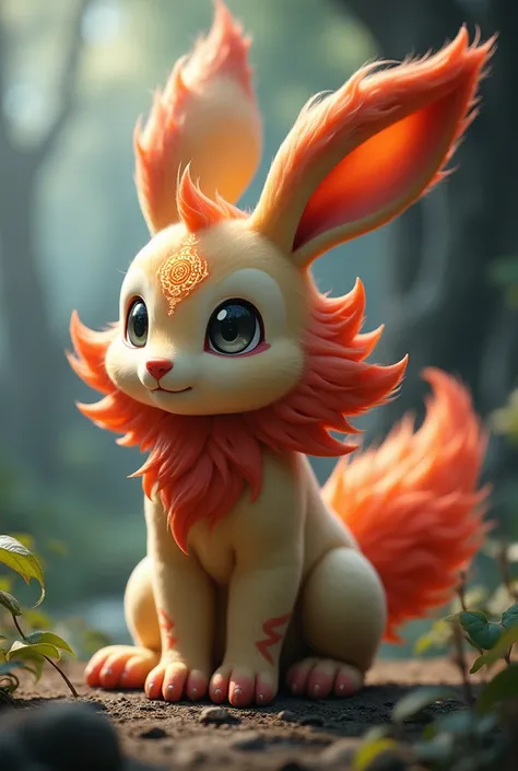 a rabbit like creature with a star like pattern on forehead, with long ears, a fiery like dewlap, a red front paw, standing on hind legs, realistic pokemon like artstyle