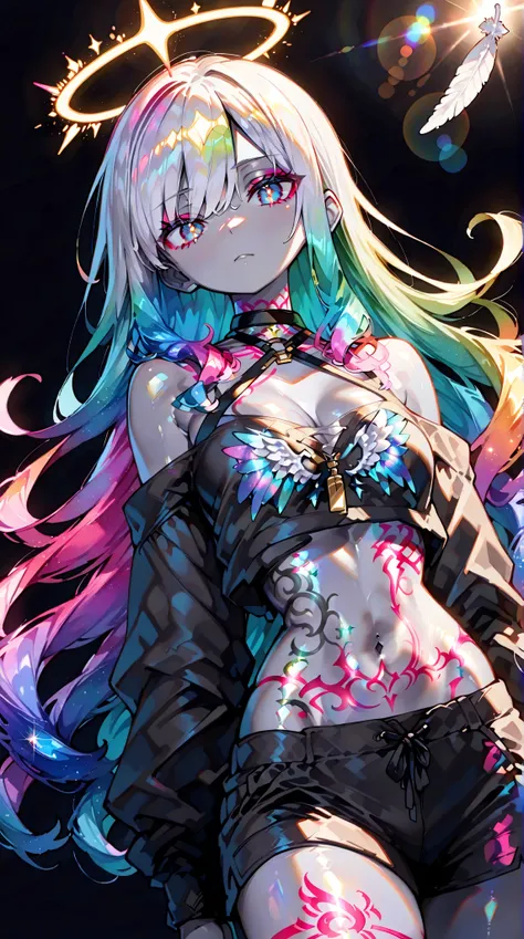    high resolution, masterpiece,    accurate,     best quality,      high resolutionモデル    ,     high detail,     very detailed,   Ultra-fine,   simple black background ,    shiny hair,   colorful hair,   Neon Light Body   、Apocalypse,   Artistic  ,    Neo...