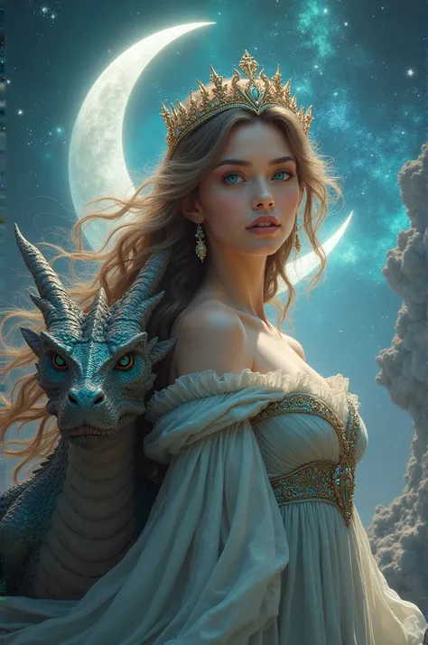  A long-form image ,  a princess with big light brown hair,  turquoise blue eyes ,  a dragon on her side , behind them a moon ,  a nebula and the galaxy and a princess crown 