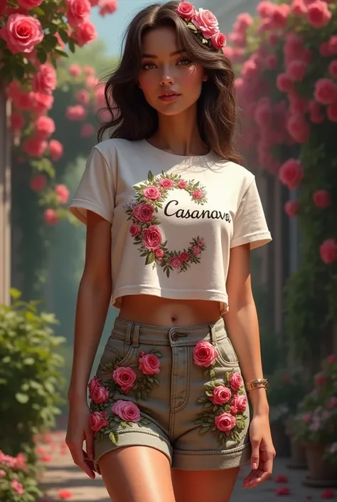 Crop top t-shirt and short cargo skirt with Casanova written in roses across the chest and a big c on the back with rose vines