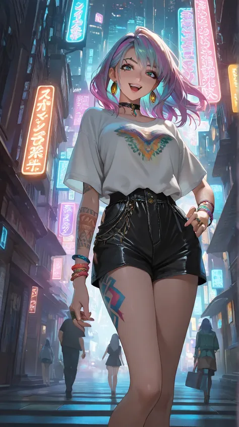 (masterpiece, best quality:1,2), 1 European girl. Charming nymph with delicate features, laughing merrily., Tangled long neon hair cascading. Shaved temples, decorated with tattoos. Iridescent large transparent, very beautiful emerald eyes. Black and rainb...