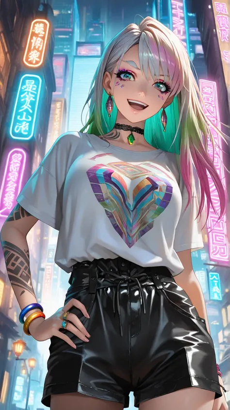 (masterpiece, best quality:1,2), 1 European girl. Charming nymph with delicate features, laughing merrily., Tangled long neon hair cascading. Shaved temples, decorated with tattoos. Iridescent large transparent, very beautiful emerald eyes. Black and rainb...