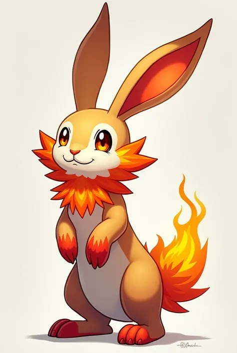 a rabbit like design with a fire design dewlap, a long eared bunny with red front paws, a fiery tail design pokemon artsyle, standing on hind legs