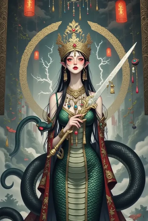 Scary Cleopatra，skull crown， snakeskin dress ，black python wrap， red eyes。 wield a long sword。Suspended buildings，lightning