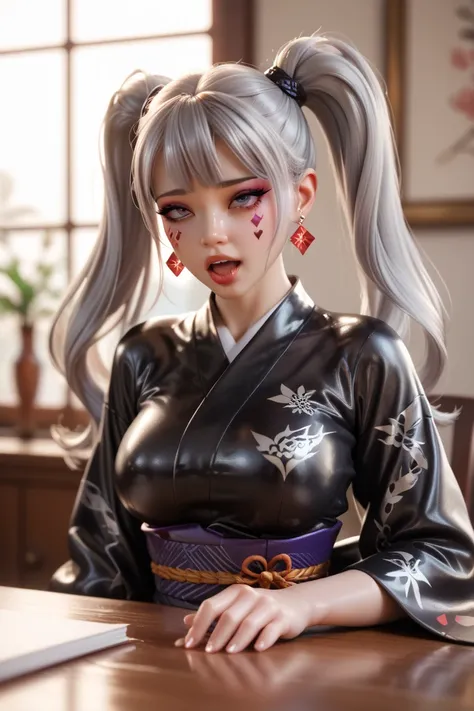 Mother and daughter in extremely tight shiny black latex kimono,  are sitting at the table in the apartment doing homework, Silver grey hair,  lens reflection ,   reflecting light  ,   high resolution ,   masterpiece,  double ponytails,  torogao,  very str...