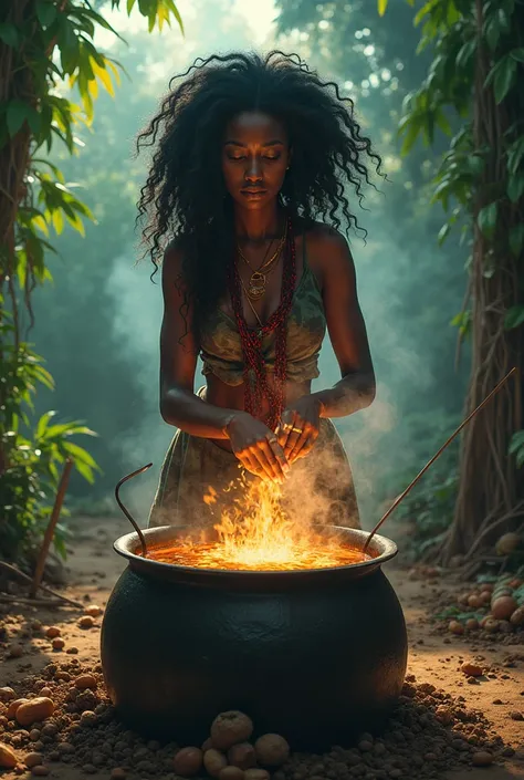 Mama Kemi the black africa woman stirring a large bubbling pot with hair floating on top, whispering mysterious words.
Let the view be africa Nigeria