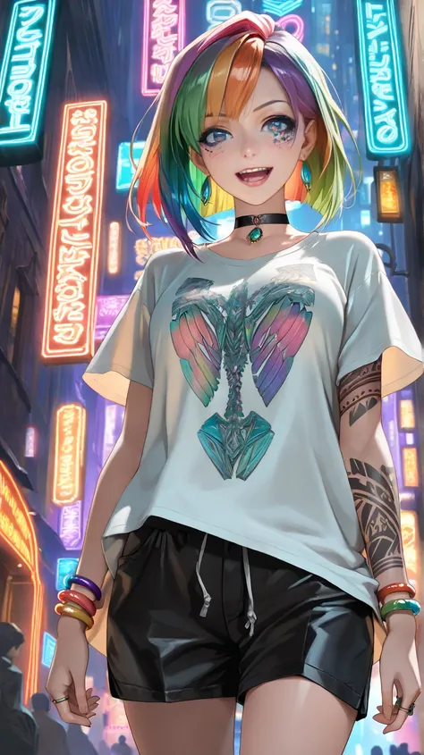 (masterpiece, best quality:1,2), 1 European girl. Charming nymph with delicate features, laughing merrily., Tangled long neon hair cascading. Shaved temples, decorated with tattoos. Iridescent large transparent, very beautiful emerald eyes. Black and rainb...