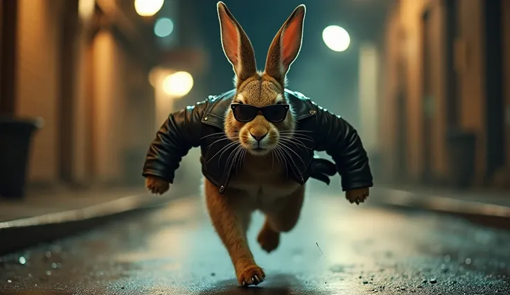 "A dramatic and cinematic image of a fierce-looking gangster rabbit running toward the viewer in an urban environment. The rabbit’s muscular build and powerful stride are captured mid-motion, its intense gaze locked ahead as it charges forward. Its sharp e...