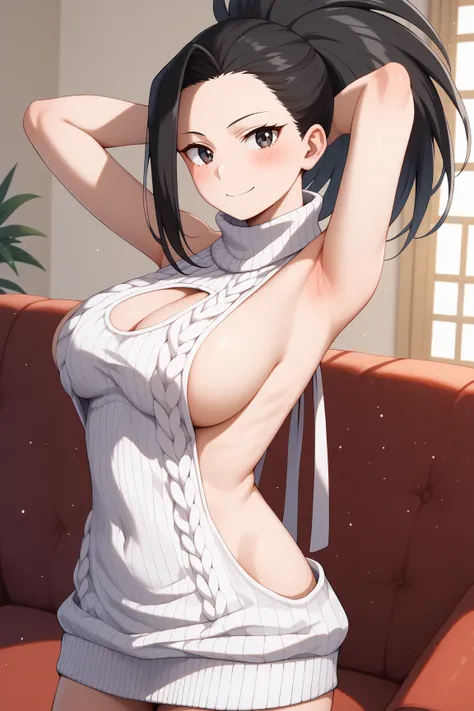 masterpiece,best quality,{{detailed beautiful face and eyes}}, very detailed background,
Momo Yaoyorozu,{{{megami magazine}}},long hair,black hair,high ponytail,wide ponytail,bangs,forehead,black eyes,large breasts,
((virgin killer sweater, (sweater dress:...