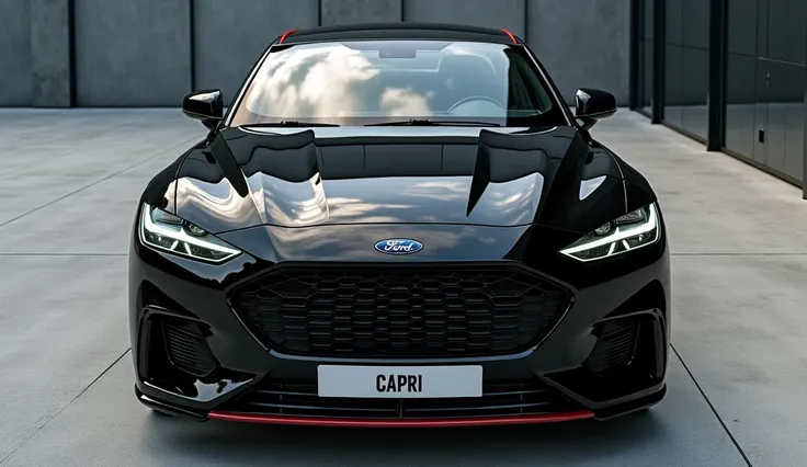 A sleek black 2025 Ford Capri  luxury car with a modern and aggressive design, viewed from the front. The car has a glossy black exterior finish with sharp, angular LED headlights that emit a futuristic glow. The front grille is bold and minimalist, with a...