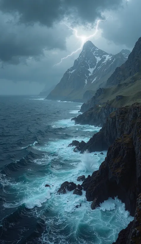  Ocean: A stormy sea with dark, churning waves under a cloudy sky. Occasional flashes of lightning illuminate the scene.
  - *Mountains*: Jagged peaks loom in the distance, partially obscured by mist. The rugged terrain is dotted with patches of snow.
  - ...