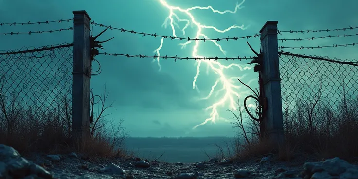 4K quality wallpaper, broken wire fence, with holes, Lightning comes from the sky, encanto style neo punk style