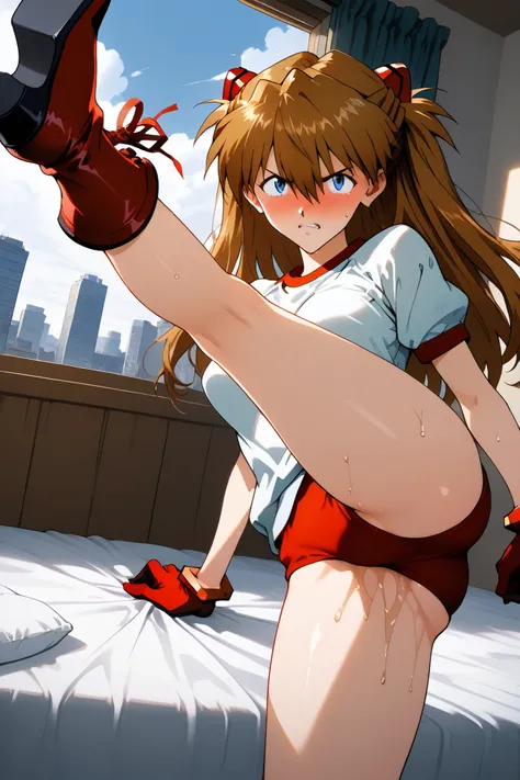 asuka_langley,1 female,solo,looking at the scenery,
high kick,very angry,drunk,incontinence,
large breast,
I_,wet brown hair,viewer,blue eyes,long hair,hair between the eyes,beautiful eyes,more detailed hair,

red buruma（1.3）,gym uniform,red lace up boots,...