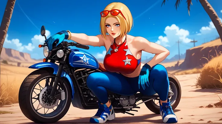 Sexy blue mary , UHD,  short hair,  blond hair,  blue eyes, Red lips,  big breasts, gold necklace, wearing tight red and dark blue MMA clothing,   motorcycle gloves,  in a wasteland, standing, crouching, sweating, pose sexy,  sunglasses in her hair,