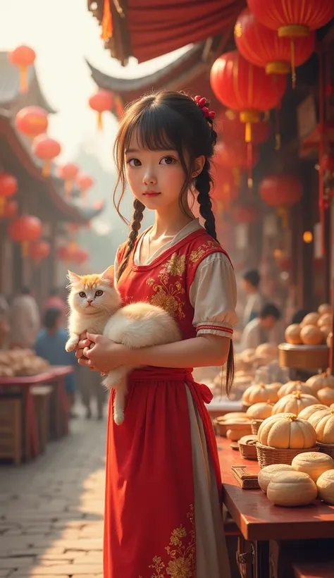 Girl with pigtails wearing a traditional Chinese skirt Wearing a red dress with gold embroidery Holding a Persian cat Standing and kneading dough to make salapao And there are salapas for sale next to them. Steamed bun casserole There is a little smoke. At...