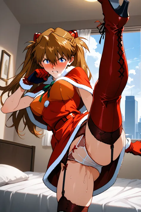 asuka_langley,1 female,solo,looking at the scenery,
high kick,very angry,drunk,incontinence,
large breast,
I_,wet brown hair,viewer,blue eyes,long hair,hair between the eyes,beautiful eyes,more detailed hair,

red lace up boots,thigh-high boots, santa dres...