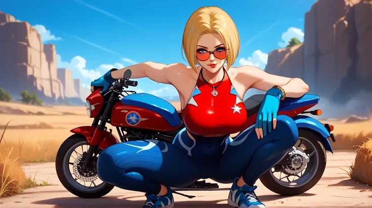 Sexy blue mary , UHD,  short hair,  blond hair,  blue eyes, Red lips,  big breasts, gold necklace, wearing tight red and dark blue MMA clothing,   motorcycle gloves,  in a wasteland, standing, crouching, sweating, pose sexy,  sunglasses in her hair,