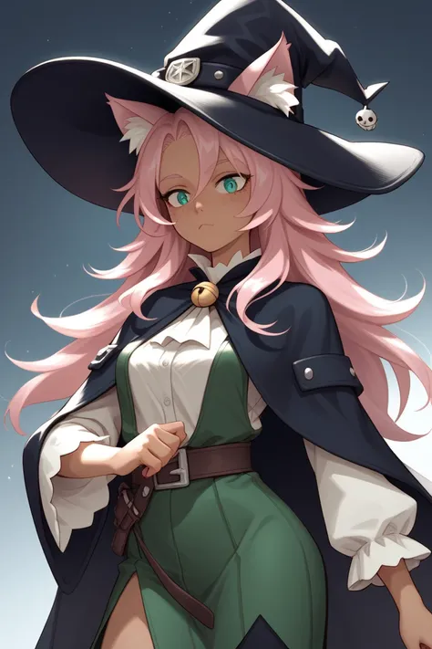 dark-skinned woman, adult woman
ebony skin,  cat ears under witches hat, long hair, pink hair, freckles, teal eyes, robes,  green skirts , white legging,
  cowboy shot, animal ears, Earless, Wenny,, 
style of zenless zone zero  witch hat 
