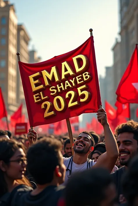 A broad popular demonstration holding banners with a bold three-dimensional gold name "Emad El Shayeb 2025".