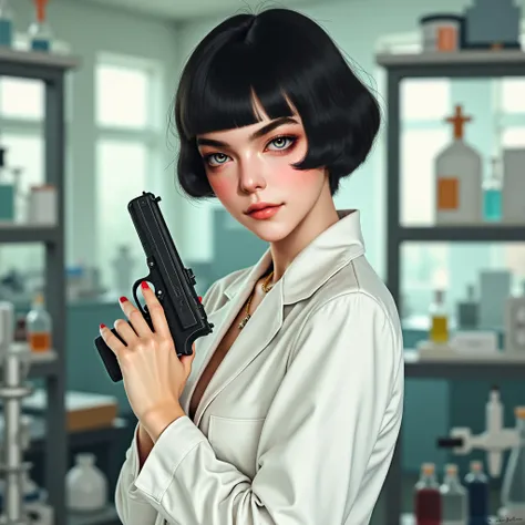 1920s,  white female, Lab background , Black hair,  short hair, pistol, Dr. , Gown, exposure,  model pose for adult magazine, police officer,  Bold Posture ,  seductive expression, humming expression ,  white female, Brown long hair , Sexiness, masterpiece...