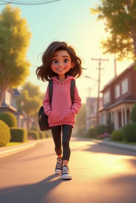 A peaceful suburban street during the late afternoon with soft golden sunlight. A 3D-style animated  girl with a joyful and confident expression is walking along the sidewalk, carrying a school bag. She has medium-length, wavy hair parted slightly to the s...