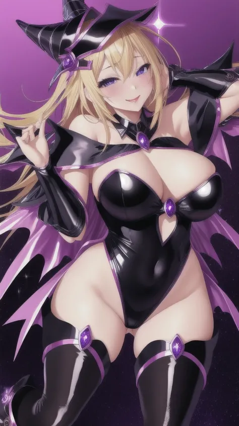   erotic、 black magician girl、Shiny Blonde Long 、Black Fallen Angel Wings 、Big Breasts,  alone,blue sequin leotard、 light blue eyes、 cleavage, Purple Wicked Background 、  best quality,  detailed face,  detailed eyes ,  high resolution,smile、 Dye Your Cheek...