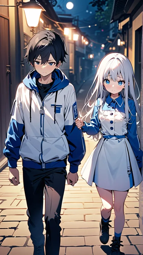  high resolution、A boy walking hand in hand( black hair、 dark eyes、cool clothes in a single color ) and 1 girl (Young、 Silver Hair、 long hair、 small breasts、Beautiful blue eyes、 shy expression、cute blue and white clothes)、Time: Night