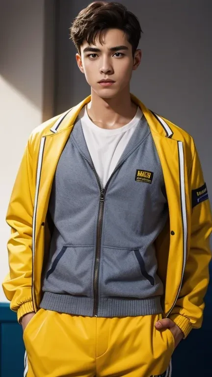 solo , 1man , European man Standing , yellow Warm-up jacket , look at the viewer 