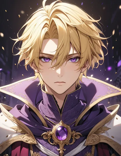 masterpiece, top quality anime illustration, Very detailed, Extreme details, 16k, 2.5D, delicate and dynamic, 1 male youth, 25 years old, golden Blonde hair, short hair, hair between eyes, bangs, amethyst Eyes,  Attractive appearance, Cold expression, Opti...