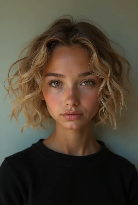 Beautiful girl with short curly blonde hair and hazel eyes with brown skin wearing a black sweater