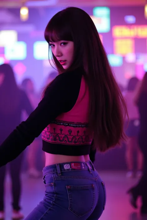 a beautiful young japanese woman with long hair is wearing a black and pink sweater and jeans. She is dancing in a go-go bar.