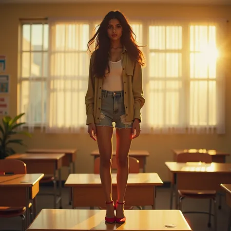 A young beautiful Indian girl 20-year young girl with beautiful flowing hairs, cold face expression, attitude, determined eyes stands on a desk in the middle of a classroom, The room is illuminated with a soft, golden glow, symbolizing hope and resilience....