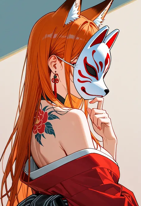 걸작, 8k, 최고 품질, 매우 자세한,1woman, fox ears, white and red fox mask, wearing kitsune mask, covered face, japanese mantle, kimono, exposed shoulders, tattoo on shoulder and necks, earrings, classic fantasy, orange hair, long hair, 얼굴에 여우 가면을 쓰는, 일본 여름 축제, 걷고 있는