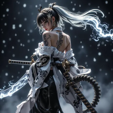 (A scene from the battle movie that won the grand prize)、(masterpiece)、 moonlight 、 excitement 、((Full body figure 1.5))、((Figure holding a sword))、 Wide Full Shot、 Photorealistic, High-definition CG,  best image quality, 8k, HQ, Ultra-fine, (I have a larg...