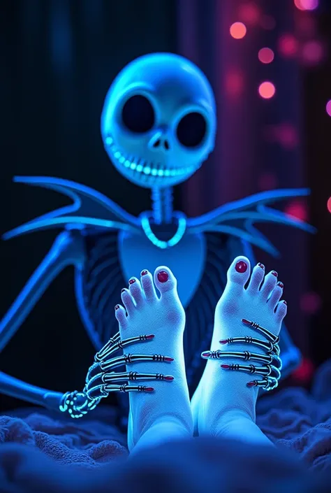 Neon 3d hologram  of ,Close up of jack skeleton holding A wemons bare feet, says Valoel across the top