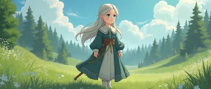  a Norwegian charcoal gray wool gown and 、Spring scenery、Green grassland、Anime Images、 full body image 、  full body view、 elegant pale Elegant loose waves with 、 beautiful８ year old girl, Family Runes, like,  embroidered with healing and protection ,  with...