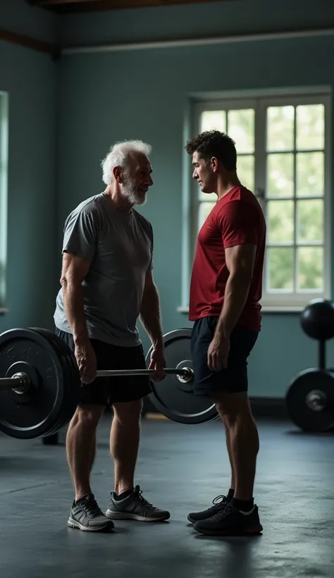 The elderly trainer demonstrates a deadlift, the barbell descending gracefully, as the athlete watches intently. A subtle visual overlay shows a pendulum swinging or a wave pattern to emphasize the cyclical nature of life and effort.