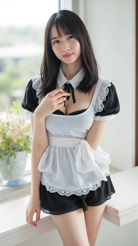  full body photo、 very detailed on trends 、masterpiece、 best quality、 super high definition、 original、 perfect lighting、Too exposed、 emphasizes cleavage 、 maid cosplay、 garter stockings、 Katyusha、A sunny、indoor、 gravure shooting、 sexy、 slender、