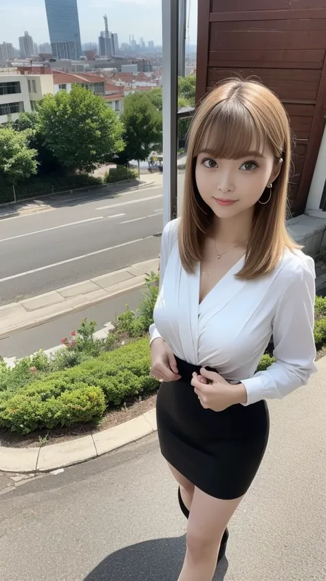  black(( micro pencil skirt overlooking the city from the top of a hill、 stockings、 pin heels))、White blouse、 1 girl、 blonde、 Straight Bob Hair 、Medium breast、 skinny body、Earrings、(In the city、 walking behind、Carrying a business bag over your shoulder )、(...